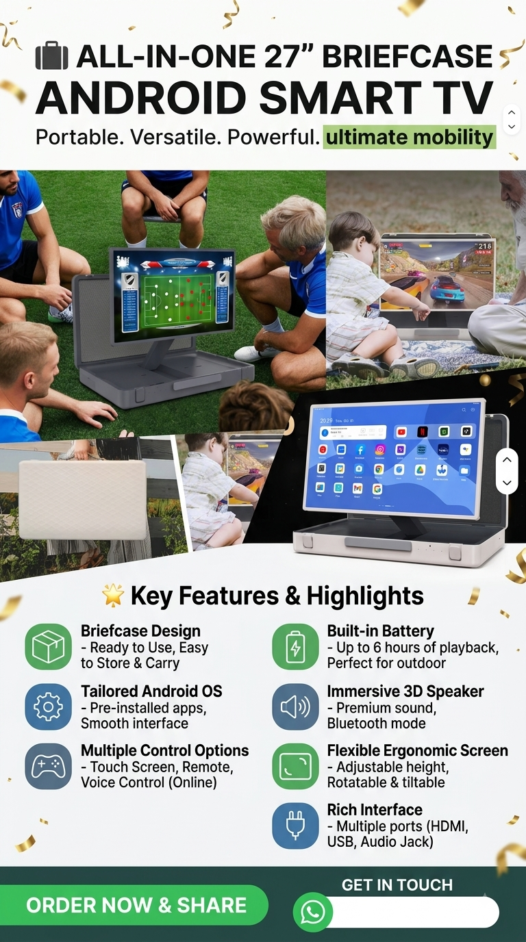 27 Inch Portable Briefcase Smart Touchscreen TV IPS 8GB+128GB Android 12 System Monitor for Travel & Parties