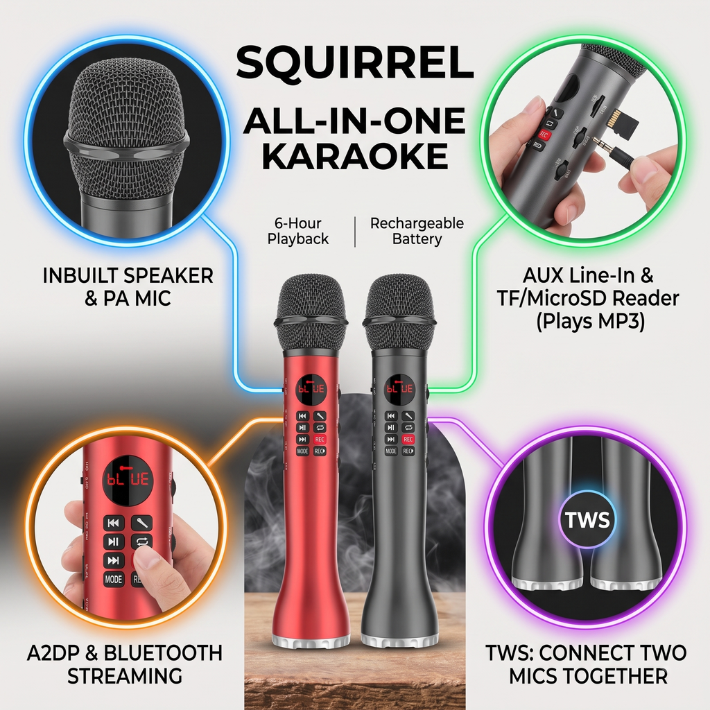 SQUIRREL Rechargeable Wireless Karaoke Microphone