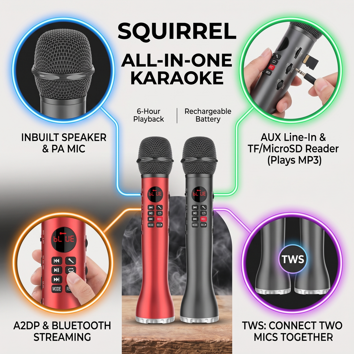 SQUIRREL Rechargeable Wireless Karaoke Microphone