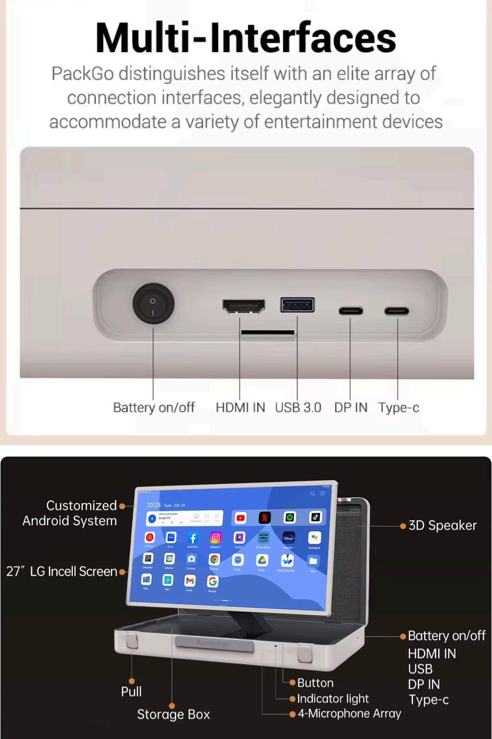 27 Inch Portable Briefcase Smart Touchscreen TV IPS 8GB+128GB Android 12 System Monitor for Travel & Parties